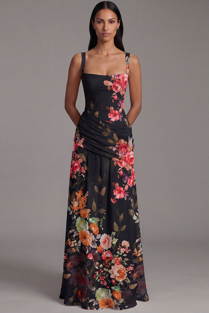 Load image into Gallery viewer, Square Neck Floral A Line Draped Maxi Ivory Beach Wedding Guest Dress