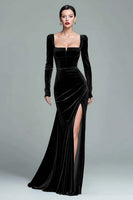 Load image into Gallery viewer, Dark Green Square Neck Velvet Long Holiday Party Dress with Slit