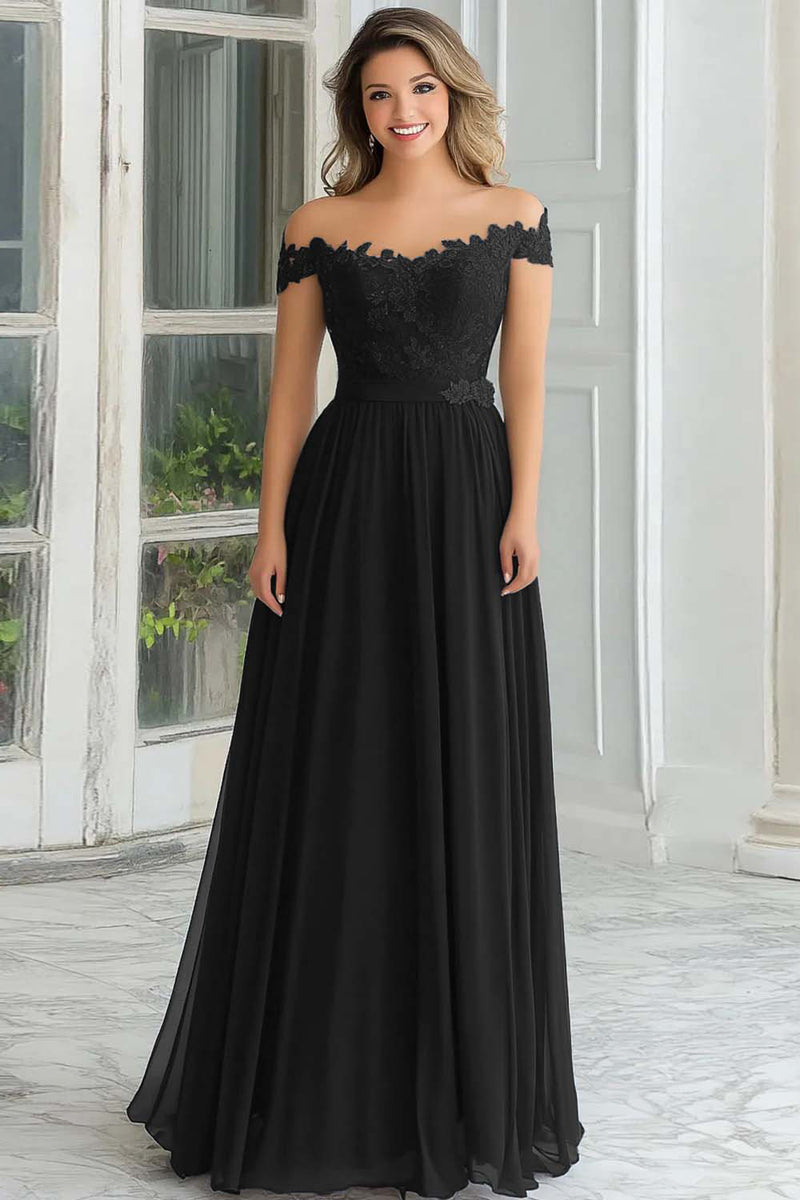 Load image into Gallery viewer, Floral Off the Shoulder Navy Mother of the Bride Dress