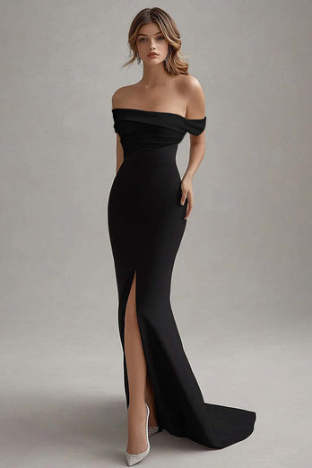 White Long Off the Shoulder Sheath Black Tie Dress with Slit