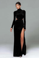 Load image into Gallery viewer, Plum High Neck Velvet Sheath Cut Out Long Holiday Party Dress