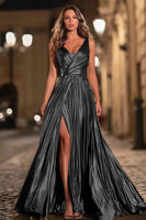 Load image into Gallery viewer, Sparkly Gold Metallic V-Neck Pleated A-Line Long Formal Dress with Slit