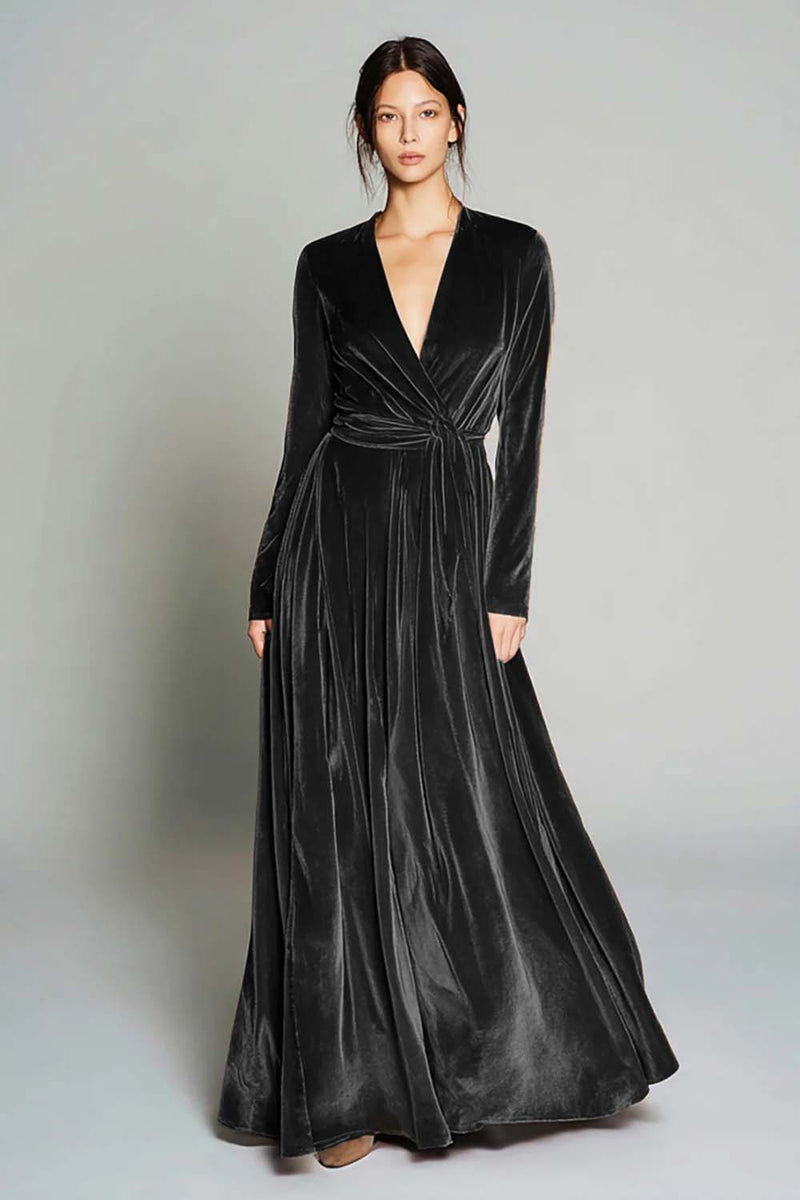Load image into Gallery viewer, Brown Pleated Velvet A Line Long Sleeves Holiday Party Dress