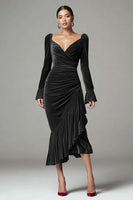 Load image into Gallery viewer, Burgundy Mermaid Ruched Velvet Holiday Party Dress with Ruffles