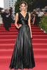 Load image into Gallery viewer, Gold V-Neck Metallic Pleated A Line Long Formal Dress