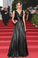 Load image into Gallery viewer, Gold V-Neck Metallic Pleated A Line Long Formal Dress