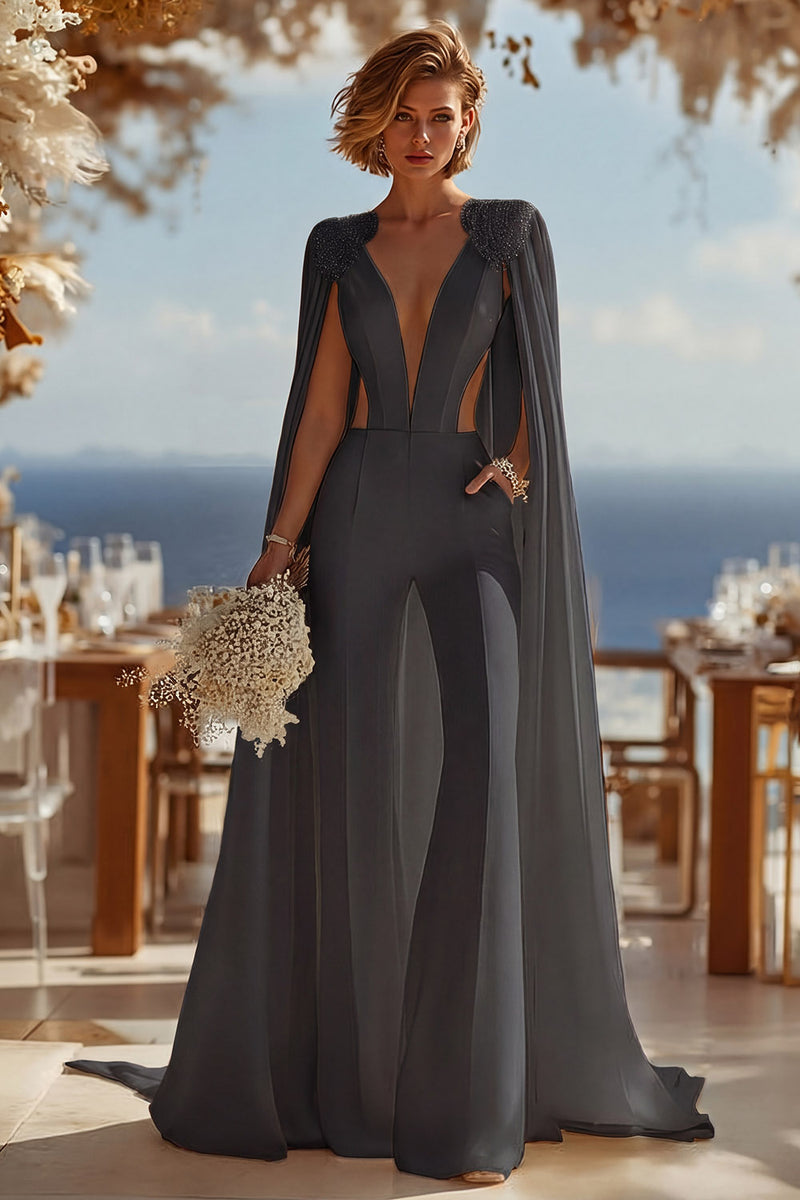 Load image into Gallery viewer, Ivory Cut Out Deep V-Neck Bridal Jumpsuits with Cape