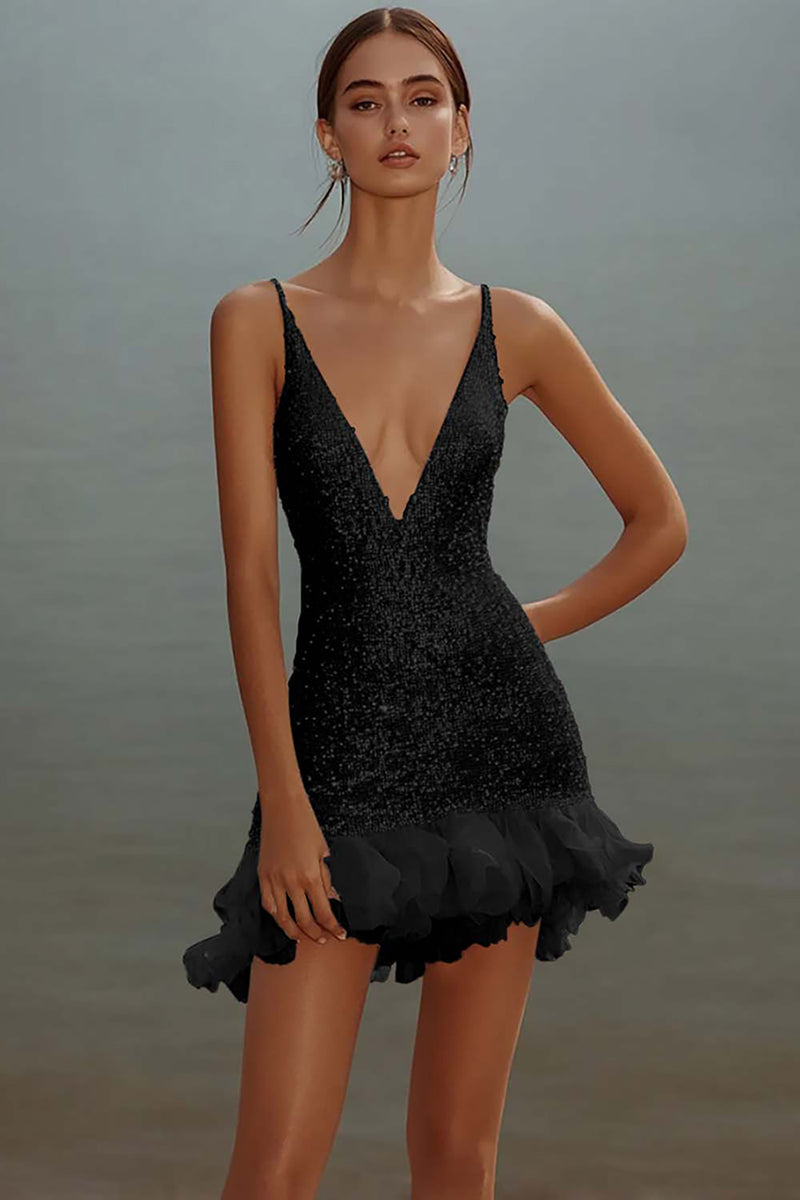 Load image into Gallery viewer, Sparkly White Bodycon Sequins V-Neck Graduation Dress with Ruffles