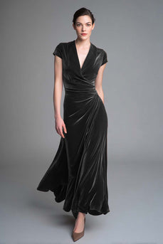 Plum Ruched V Neck Velvet Long Holiday Party Dress with Sleeves