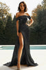 Load image into Gallery viewer, Metallic Golden Off The Shoulder Prom Dress with Slit