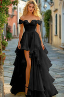 Load image into Gallery viewer, Yellow A Line Tiered Off the Shoulder Long Asymmetrical Prom Dress