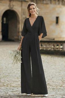 Ivory V-Neck Long Wedding Half Sleeves Jumpsuits with Pockets