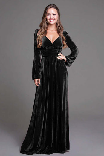Burgundy Velvet V-Neck A-Line Long Holiday Party Dress with Sleeves