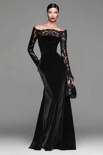 Burgundy Velvet Long Sleeves Mermaid Holiday Party Dress with Lace