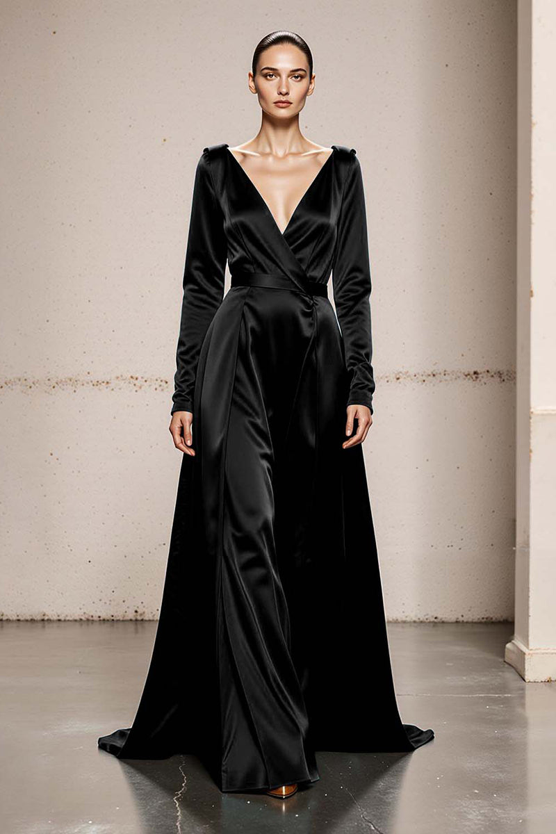 Load image into Gallery viewer, Peacock Green Satin V-Neck A Line Long Formal Dress with Sleeves