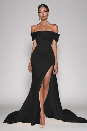 Champagne Sheath Off the Shoulder Satin Long Prom Dress with Slit