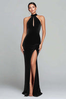 Load image into Gallery viewer, Burgundy Velvet Halter Keyhole Mermaid Maxi Holiday Party Dress with Slit