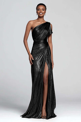 Sparkly Brown Mermaid One Shoulder Metallic Long Formal Dress with Slit