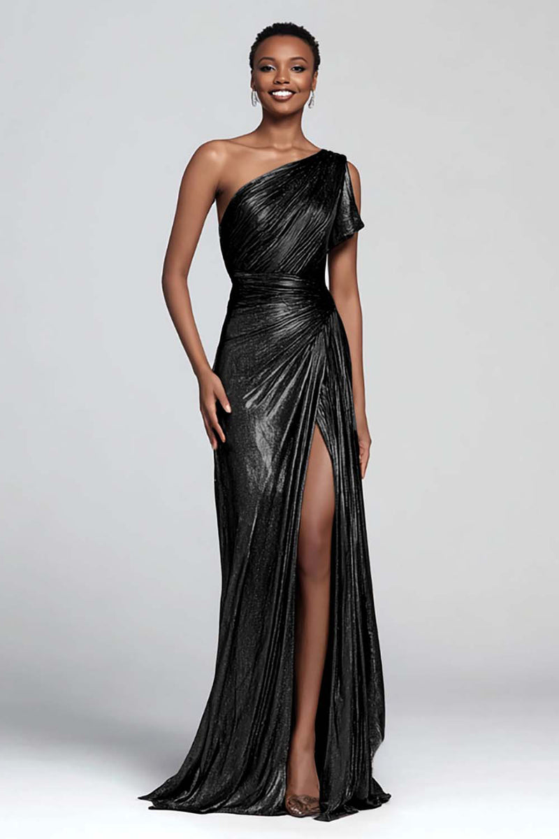 Load image into Gallery viewer, Sparkly Brown Mermaid One Shoulder Metallic Long Formal Dress with Slit
