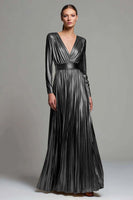 Load image into Gallery viewer, Sparkly Gold Metallic V-Neck Pleated A-Line Long Sleeves Formal Dress