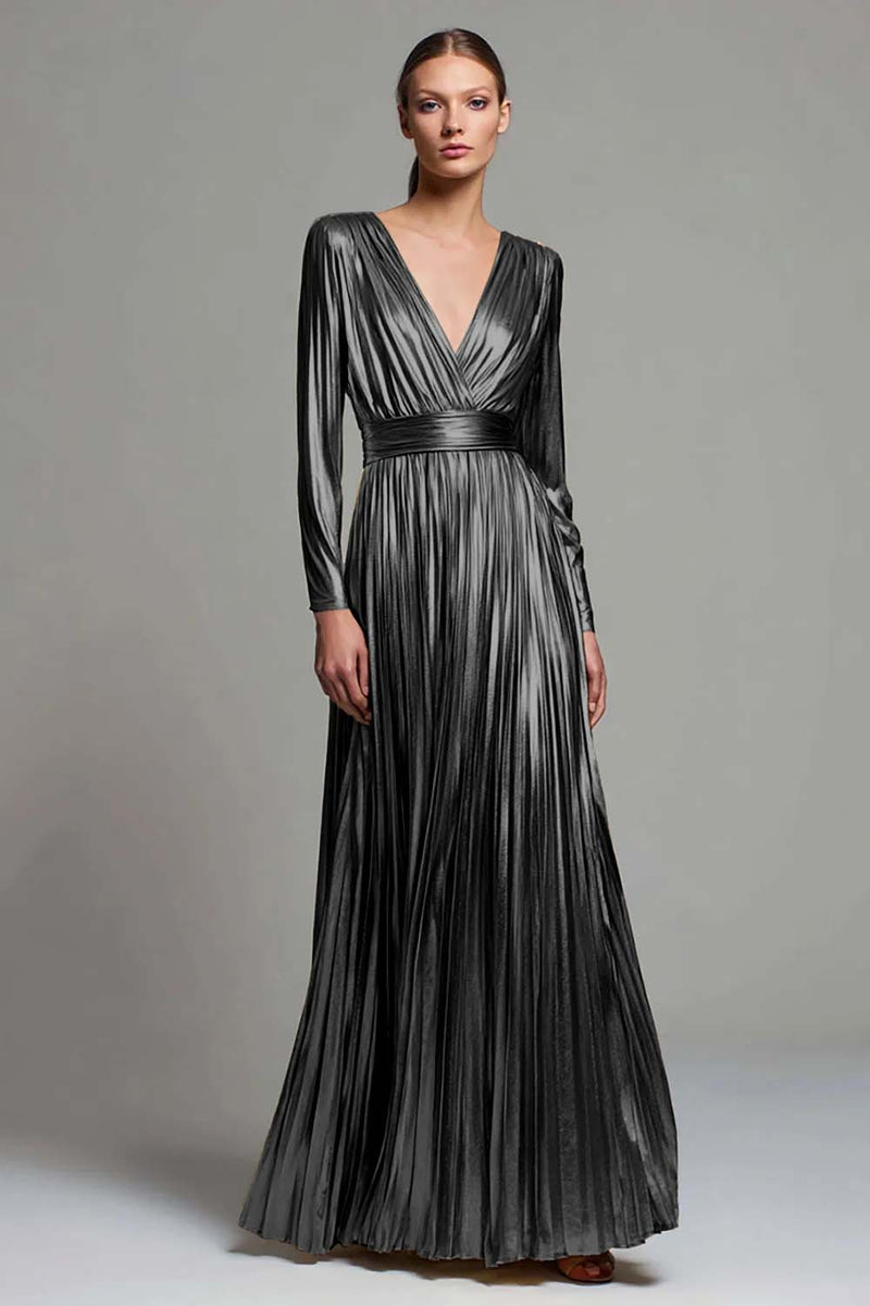 Load image into Gallery viewer, Sparkly Gold Metallic V-Neck Pleated A-Line Long Sleeves Formal Dress