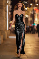 Load image into Gallery viewer, Sparkly Gold Metallic Sweetheart Ruched Long Formal Dress with Slit