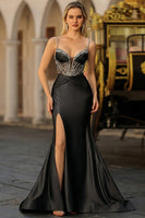 Load image into Gallery viewer, Plus Size Sparkly Dusty Blue Satin Beaded Long Corset Prom Dress with Slit
