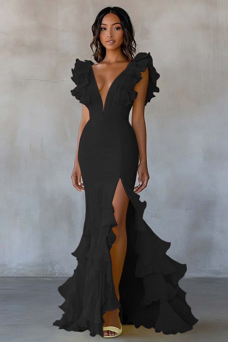 Load image into Gallery viewer, Yellow Chiffon Mermaid Ruffled Long Formal Dress with Slit