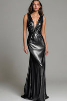 Load image into Gallery viewer, Sparkly Gold Metallic Deep V-Neck Long Formal Dress