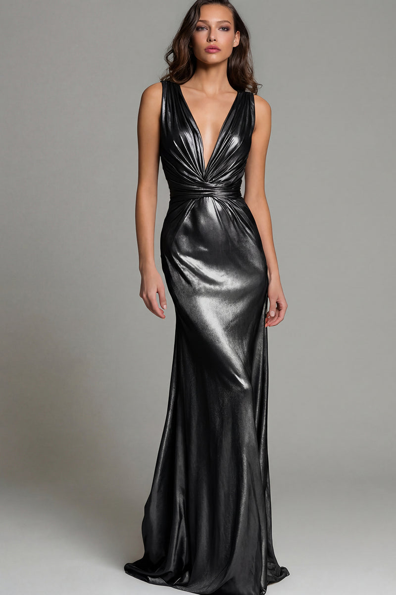 Load image into Gallery viewer, Sparkly Gold Metallic Deep V-Neck Long Formal Dress