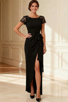 Load image into Gallery viewer, Sheath Navy Boat Neck Long Mother of the Bride Dress with Lace