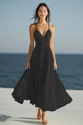 Simple Dusty Rose Spaghetti Straps Ruffled Boho Maxi Summer Dress