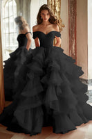 Load image into Gallery viewer, Pink Ball Gown Tulle Off the Shoulder Tiered Long Prom Dress