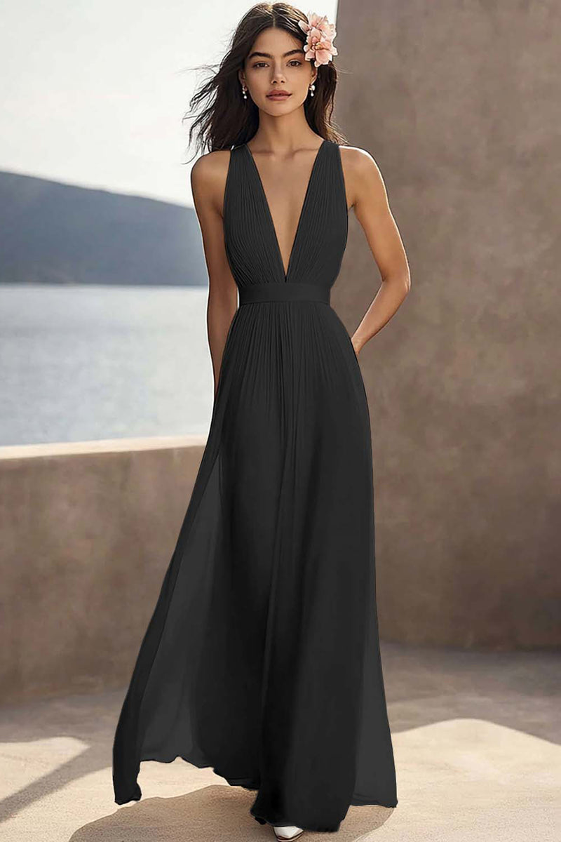 Load image into Gallery viewer, Chiffon Ivory Deep V-Neck Ruched Beach Maxi Engagement Dress