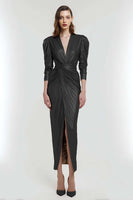 Load image into Gallery viewer, Light Gold Metallic V-Neck Sheath Long Formal Dress with Sleeves