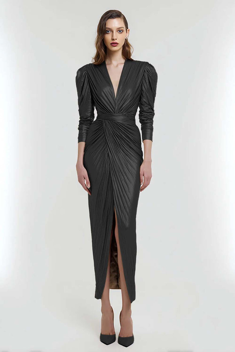 Load image into Gallery viewer, Light Gold Metallic V-Neck Sheath Long Formal Dress with Sleeves