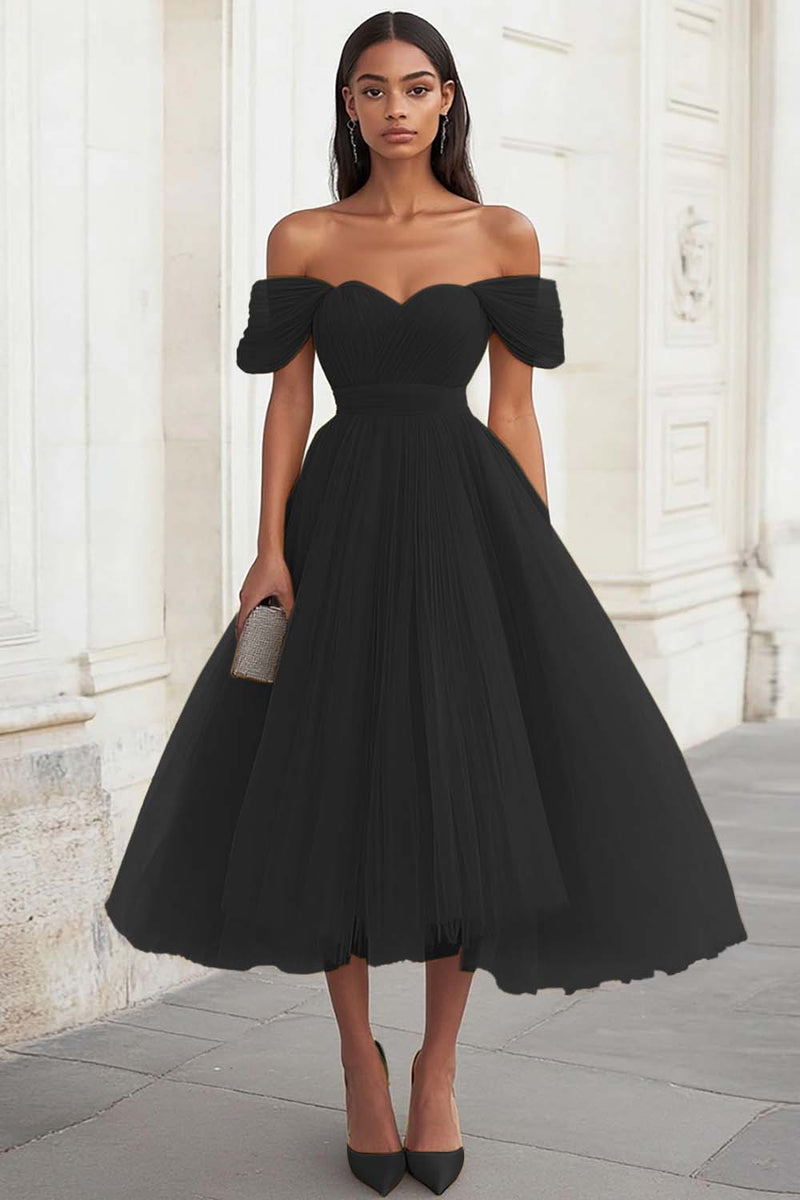 Load image into Gallery viewer, Yellow Tulle Off the Shoulder Midi Formal Dress