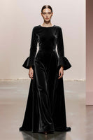 Load image into Gallery viewer, Dark Green Round Neck A Line Velvet Long Formal Dress with Sleeves