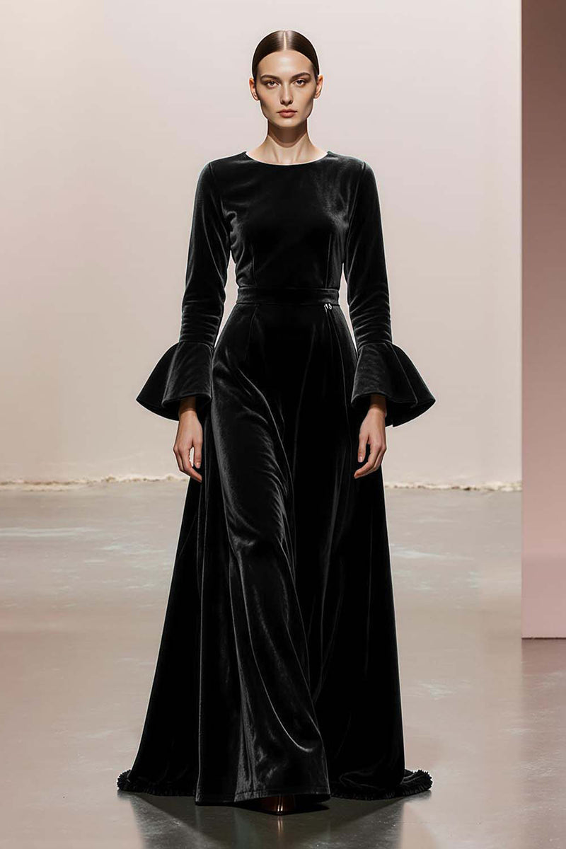 Load image into Gallery viewer, Dark Green Round Neck A Line Velvet Long Formal Dress with Sleeves