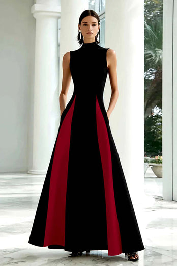 Black and White A Line High Neck Maxi Formal Dress