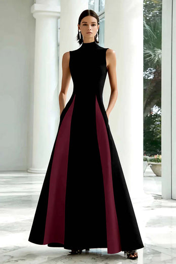 Black and White A Line High Neck Maxi Formal Dress