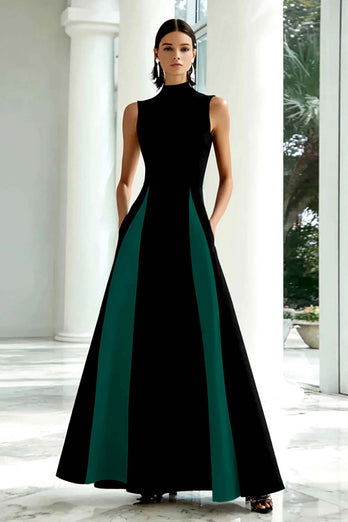 Black and White A Line High Neck Maxi Formal Dress