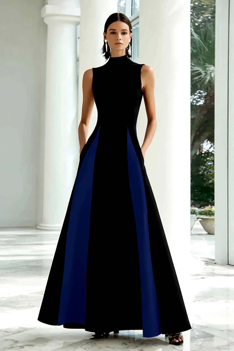 Load image into Gallery viewer, Black and White A Line High Neck Maxi Formal Dress
