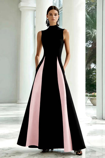 Black and White A Line High Neck Maxi Formal Dress