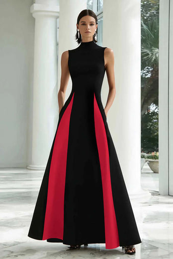 Black and White A Line High Neck Maxi Formal Dress