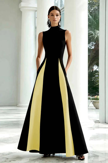 Black and White A Line High Neck Maxi Formal Dress