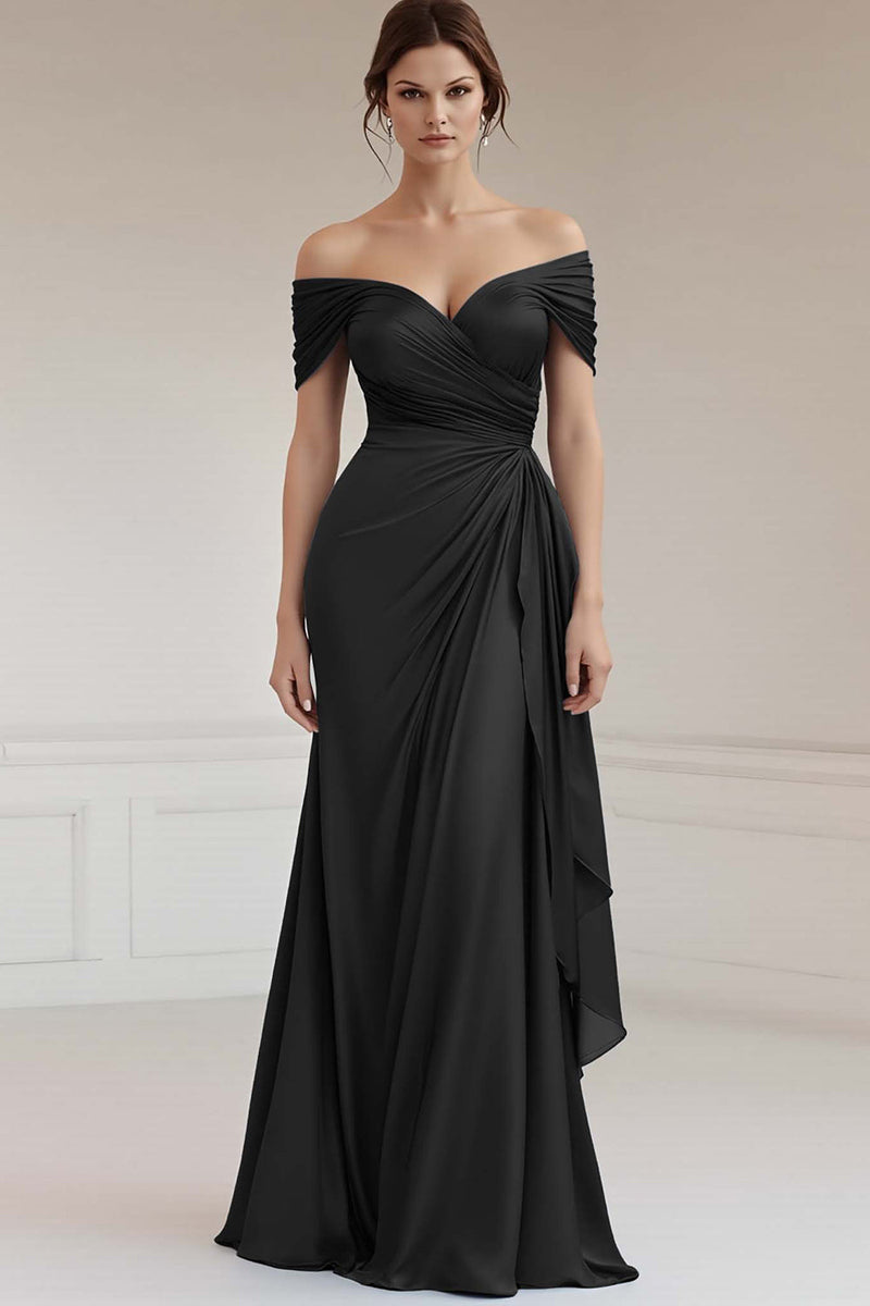 Load image into Gallery viewer, Grey Blue Off the Shoulder Sheath Satin Maxi Formal Dress