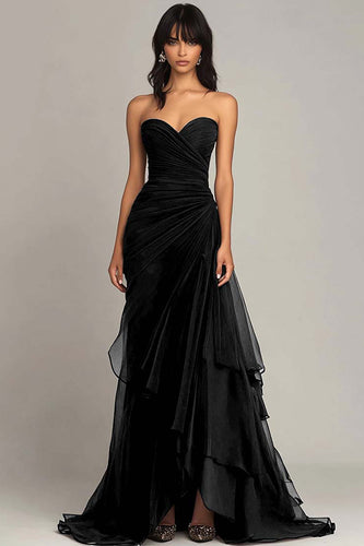 Women Black Chiffon Formal Dress Sheath Sweetheart Tiered Wedding Guest Dress Strapless Ruched Long Black Tie Dress