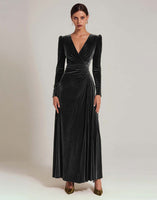 Load image into Gallery viewer, Olive A Line V-Neck Velvet Long Holiday Party Dress with Sleeves