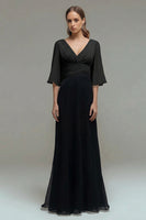 Load image into Gallery viewer, Black and White Ruched Chiffon Maxi Formal Dress with Sleeves